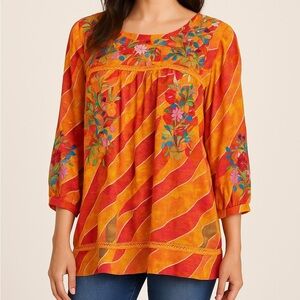 ANU Embroidered Floral Boho Tunic Blouse NWT S/M Multicolor Rayon 3/4 Sleeve
